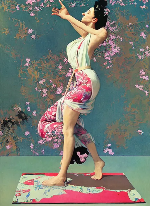 Prompt: an art nouveau realistic illustration poster of a girl doing yoga with a kimono designed by balenciaga by john berkey and norman rockwell