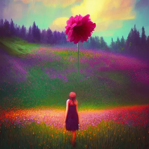 Prompt: girl with a flower head, surreal photography, dream, standing in flower field, magical, in a valley, sunrise dramatic light, impressionist painting, colorful clouds, artstation, simon stalenhag