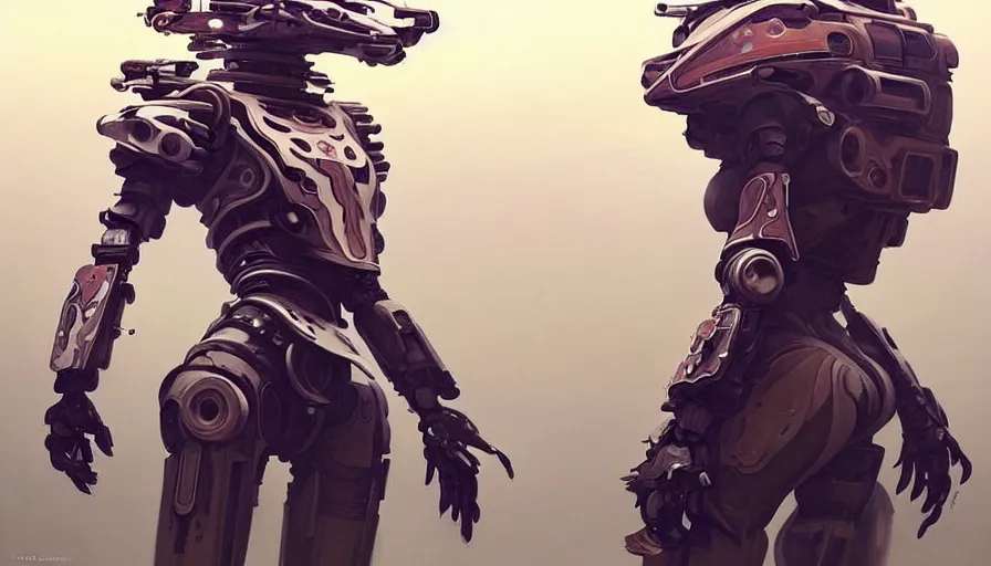 Image similar to a warrior robot astronaut, floral! looks like a machine from horizon zero dawn designed by zaha hadid, posing for a fight intricate, elegant, highly detailed, digital painting, establishing shot, an epic fantasy, artstation, concept art, smooth, sharp focus, illustration, art by artgerm and greg rutkowski and alphonse mucha, 8 k