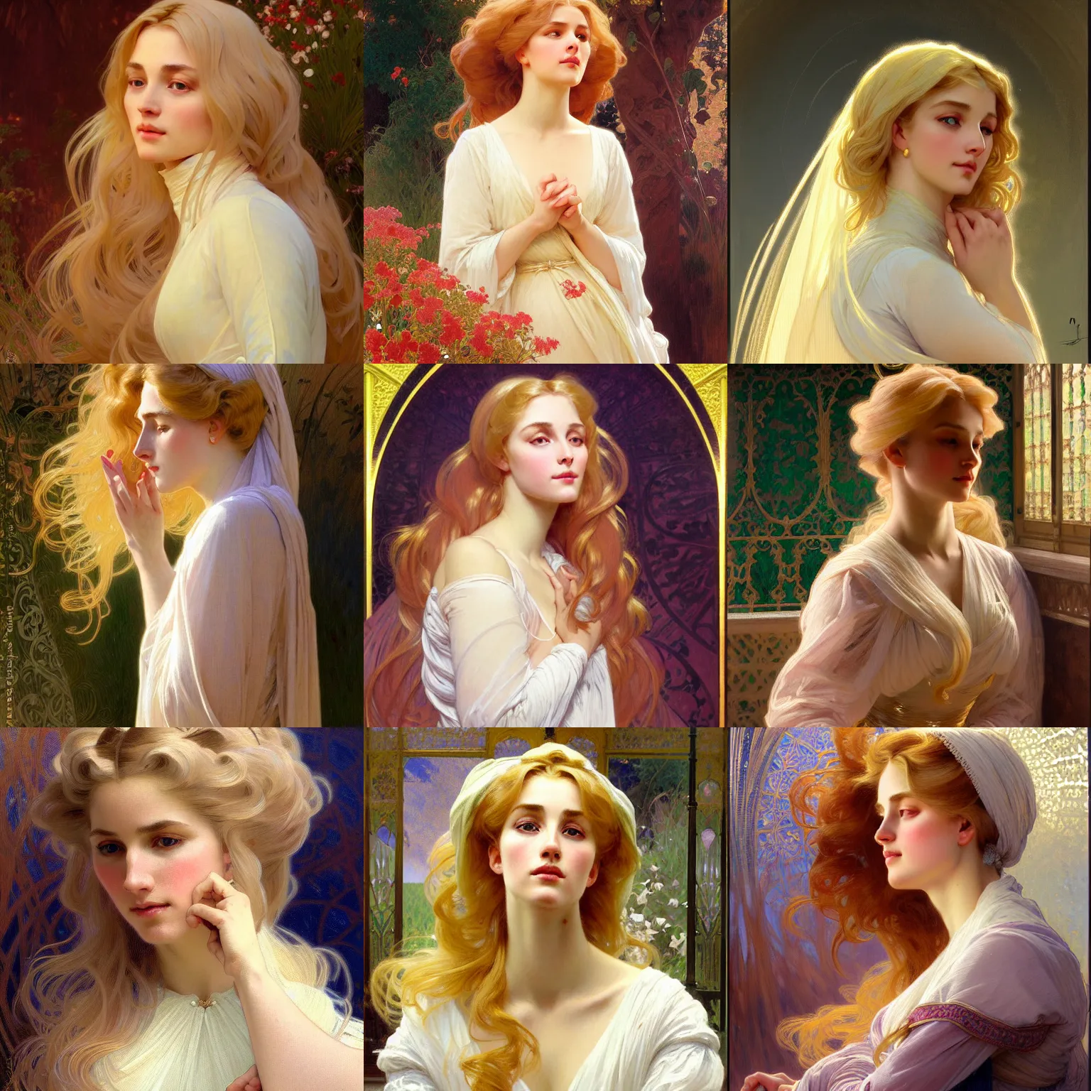 Prompt: painted portrait of a modest wife blessed by god with ever - increasing intelligence beauty and virtue. blonde, modest voluminous holy body, light effect. feminine, powerful, in clothes! intricate, elegant, highly detailed, digital painting, artstation, concept art, smooth, sharp focus, illustration, art by gaston bussiere and alphonse mucha