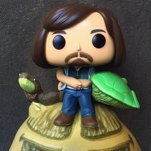 Prompt: “ a funko pop of a man with long hair riding a giant turtle, highly detailed, photo real ”