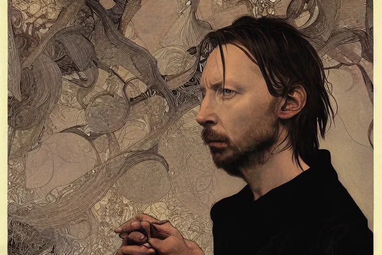 Image similar to hyper realistic portrait of thom yorke singer songwriter, side, liminal space, by lee bermejo, alphonse mucha and greg rutkowski