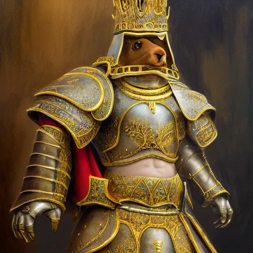 Image similar to highly detailed photorealistic painting of a capybara :: wearing a ultra detailed ornamented gold crown with diamonds, in a highly detailed medieval knight armor with red cape, standing in front of a photorealistic detailed castle, sharp focus in the style of ruan jia, Mandy jurgens, cinematic light, concept art, trending on artstation, ultra realistic, 8k octane render, unreal engine