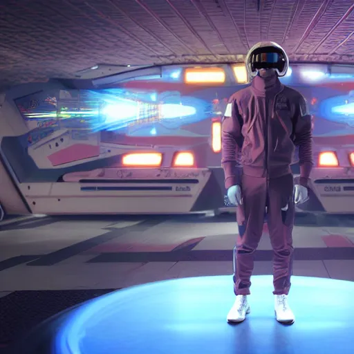Prompt: film still of ryan gosling starring in the new galaga movie, dressed in futuristic space track suit - open helmet, outside in planet galaga, standing in front of the galaga ship, 3 ds max, octane high 3 d depth render, vray render, cyberpunk, neon lighting, 8 k, hyper realistic, ultra detailed, sci - fi, trending on artstation