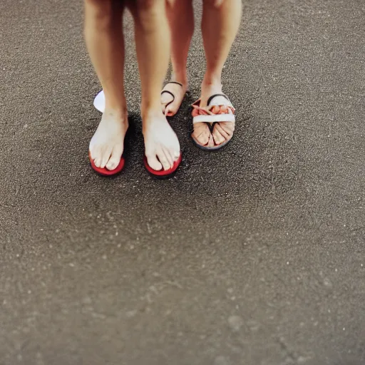 Prompt: a photograph of two people's legs facing in opposite directions, portra 400, 50mm lens, grainy, film, bokeh, shallow depth of field