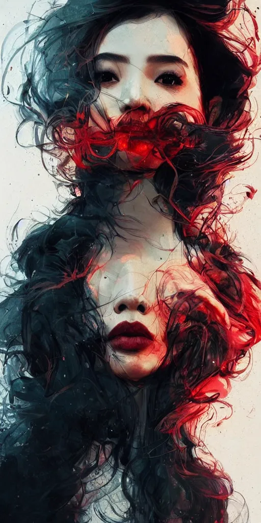 Prompt: candid portrait of one!!! single!!! very very beautiful young filipino woman with narrow face in the center of the frame, with flowing long hair, surrounded by dramatic swirling thick dreamy smoke, face partially obscured, dark background, by conrad roset, abstract, thought provoking, dramatic lighting, trending on artstation