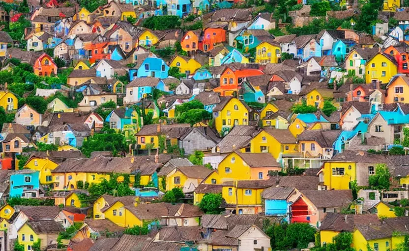 Prompt: village, houses with faces, yellow, green, orange, naive, detailed