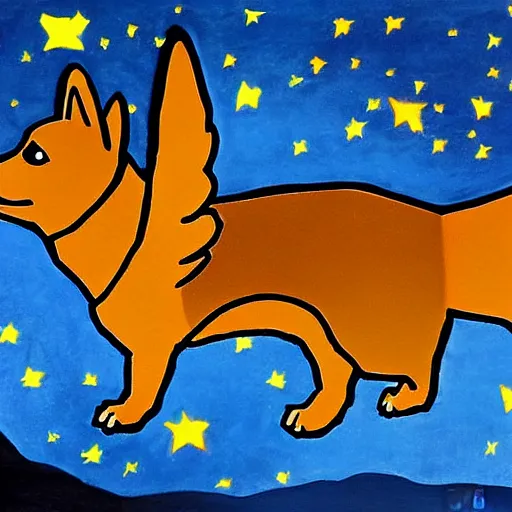 Prompt: corgi with [ angelic wings ]!!, [ flying like a superhero ]!! in the [ night sky ]!! where the stars are visibly perceptible, [ illustration via an abstract artist ]!!