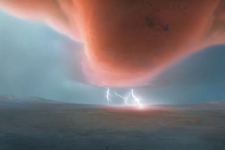 Image similar to a cinematic portrait of a cargo starship, landing in a mars base, green clouds and lightning storm, ridley scott and zack snyder, 8 k, hd, high resolution, 8 5 mm, f / 1. 8