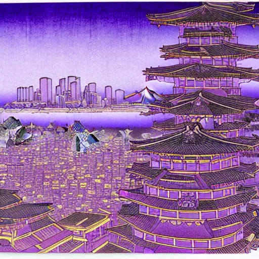 Image similar to purple cyberpunk city, by Hokusai
