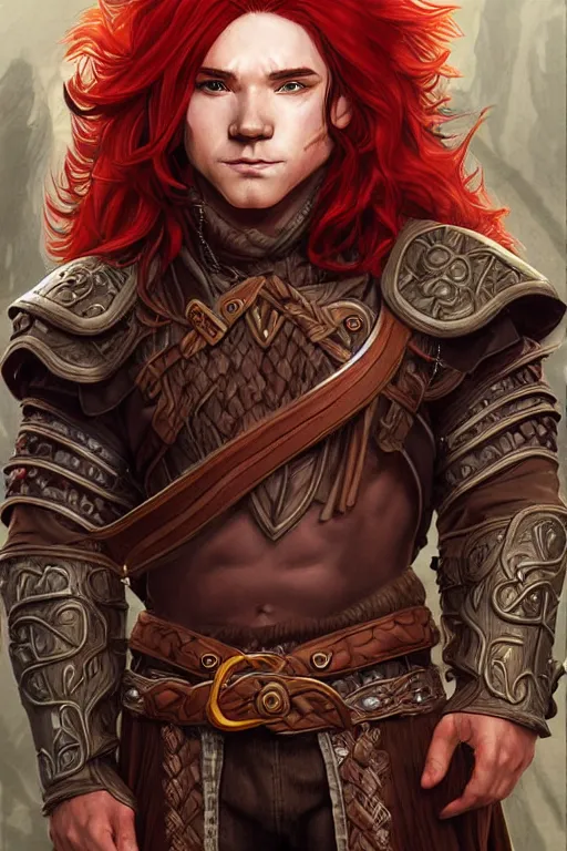 Prompt: male halfling druid with long red hair and leather armor, character portrait, concept art, intricate details, highly detailed photorealistic portrait in the style of adam hughes, seseon yoon, artgerm and warren louw