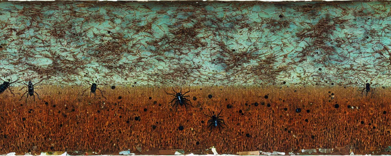 Image similar to strange giant insects, beetles and flies, swarming in a cornfield, oil painting by max ernst and anselm kiefer, decay, mixed media, textured, sharp focus, highly detailed, photographic emulsion cracked and peeling, rust, cinematic lighting, 8 k, hd