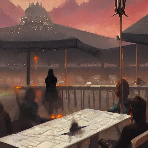 Image similar to klingon sitting at outdoor table at vintage paris cafe, digital painting, greg rutkowski, john howe.