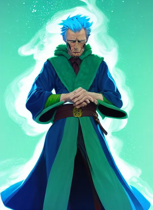 Image similar to style artgerm, joshua middleton, clint eastwood as a mage wearing green pelt robes, blue hair, swirling water cosmos, fantasy, dnd, cinematic lighting