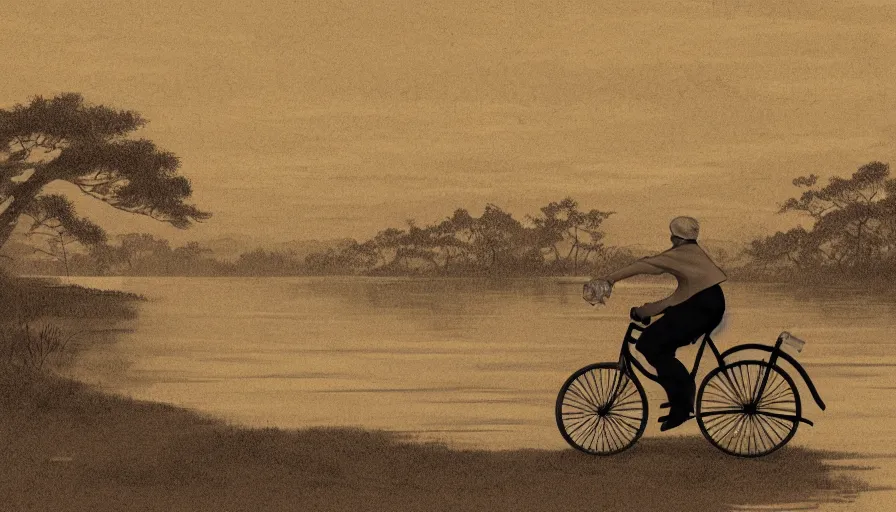 Prompt: Side view of an old Japanese man on his bicycle riding along a river in sepia, hyperdetailed, artstation, cgsociety, 8k