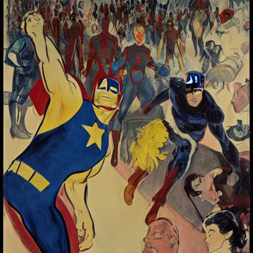 Prompt: Poster of the Avengers movie by Toulouse-Lautrec