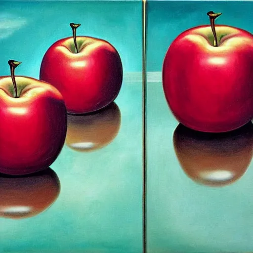 Image similar to a surrealistic painting of an apple surrounded by mirrors pointed at the apple