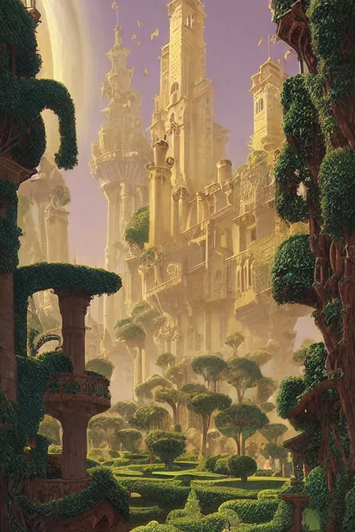 Image similar to ancient carved tower of the moon in its gardens fairytale illustration, elaborate latticed balconies, tall windows, moorish architecture, formal gardens, dramatic cinematic lighting, soft colors, golden age illustrator, unreal engine, by Ludwig Deutsch and Andreas Rocha and (Maxfield Parrish and Nicholas Roerich)