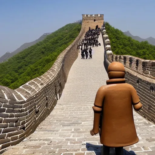 Prompt: A clay figure walks on the Great Wall of China