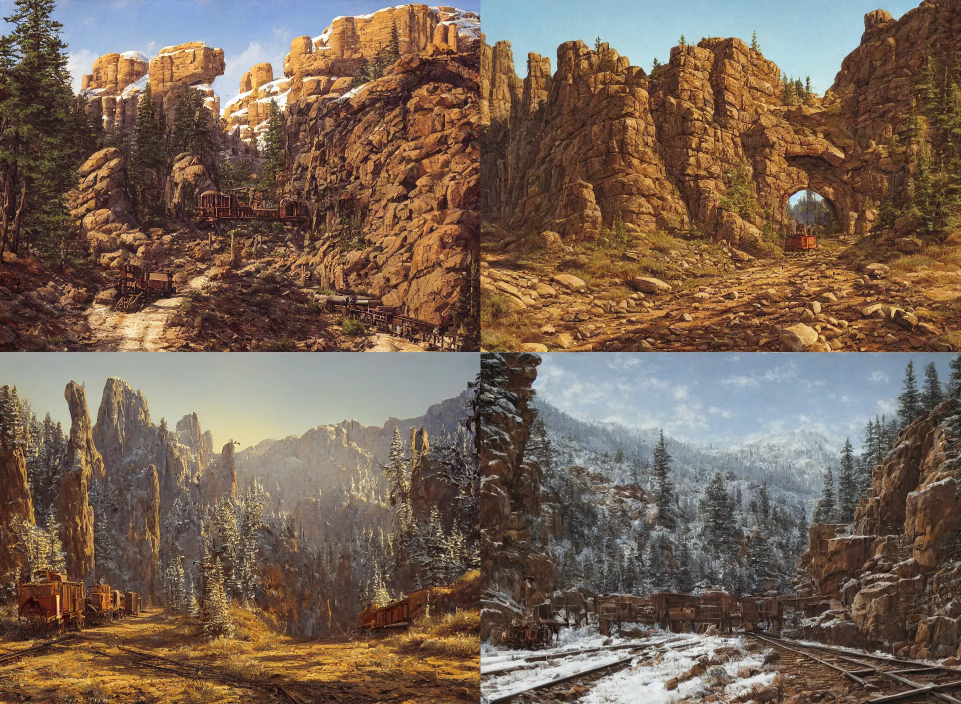 Image similar to entrance to wild west mine, rail tracks lead from the mine, a mine cart sits on the tracks, mine cart, sheer cliffs surround the scene, high elevation, sparse pine forest, dusting of snow, rock arches, long shadows, golden hour, wide angle, oil painting, albert bierdstadt