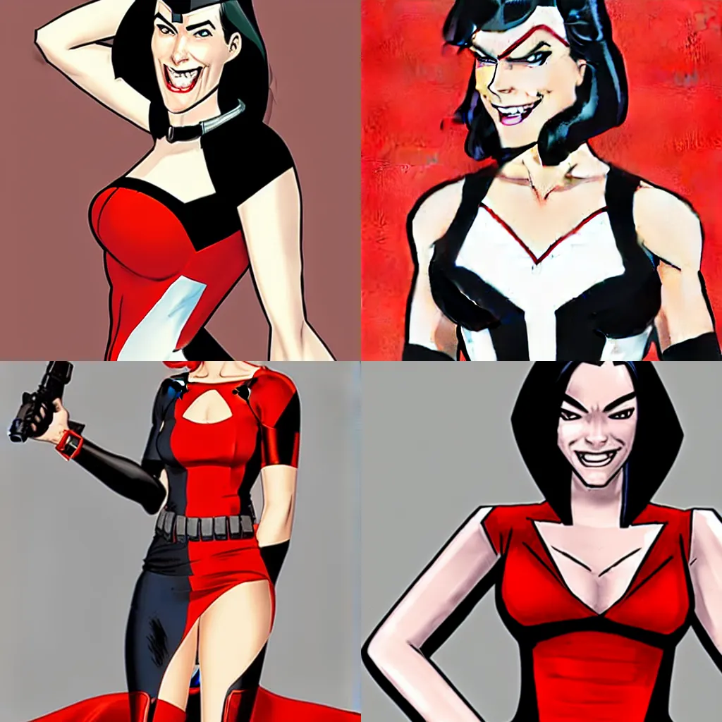 Prompt: in the style of Phil Noto, Pale skin female Domino from marvel comics, wearing a red dress, smile