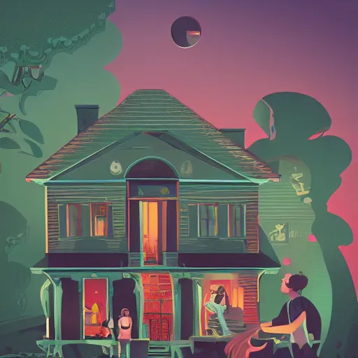 Prompt: people looking at a house, intricate, elegant, highly detailed, vector illustration, artstation, concept art, smooth, sharp focus, illustration, art by samuel werczler, tom whalen, niark 1, jonny wan, sea green color theme