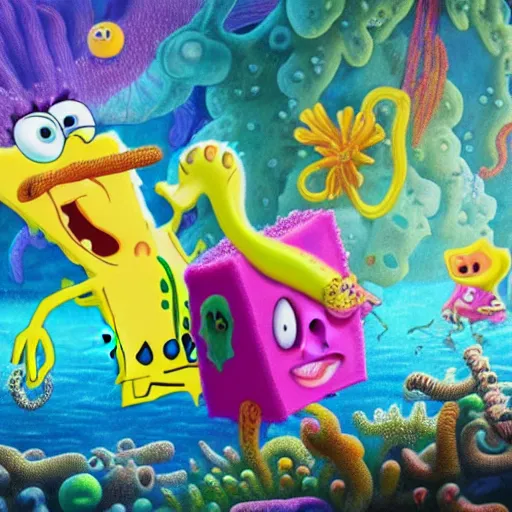 Image similar to spongebob squarepants and squidward smoke weed under the sea, extremely detailed oil painting, high clarity, highly detailed, abstract, deep aesthetic, 8 k, highly ornate intricate details, cinematic lighting, rich colors, digital artwork, beautiful scenic view, ray tracing, hyperrealistic, photorealistic, cinematic landscape, trending on artstation, concept art,