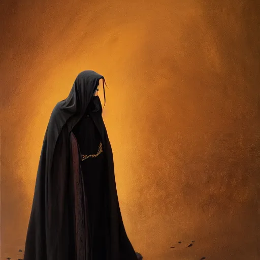 Image similar to a portrait of a young woman wearing a long dark cloak, hood and shadows covering face, holding golden chains, oil painting, matte painting, black background, Volumetric Golden dappled dynamic lighting, Highly Detailed, Cinematic Lighting, Unreal Engine, 8k, HD, by Beksinski