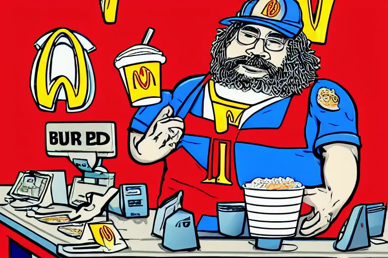 Image similar to jerry garcia working at McDonalds because he lost all of his money leverage trading bitcoin, mike judge art style, 90s mtv illustration