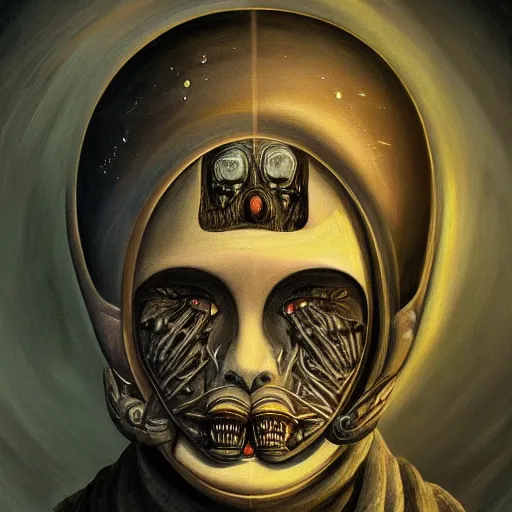 Image similar to beautiful painting of the victorian face of the moon with a solemn expression in the style of Welder Wings and H. R. Giger. Dark background, detailed, trending on Artstation