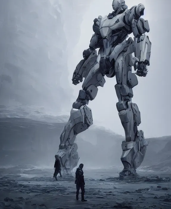 Image similar to surreal romantic metal gear prometheus horizontal white mecha building architecture by ruan jia, futuristic blame, white architecture in the beach in iceland, foggy, highly detailed, digital painting, arstation, concept art, hyperealistic octane render, unreal engine