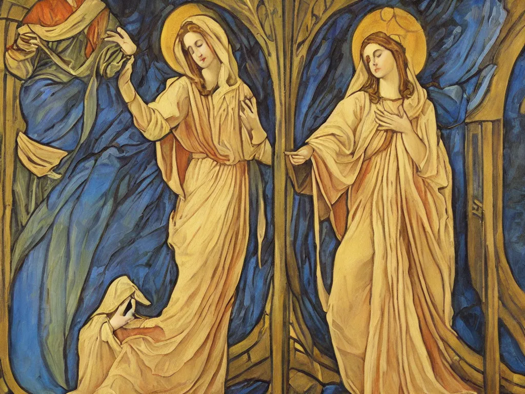 Image similar to oil painting of the annunciation in an art nouveau style