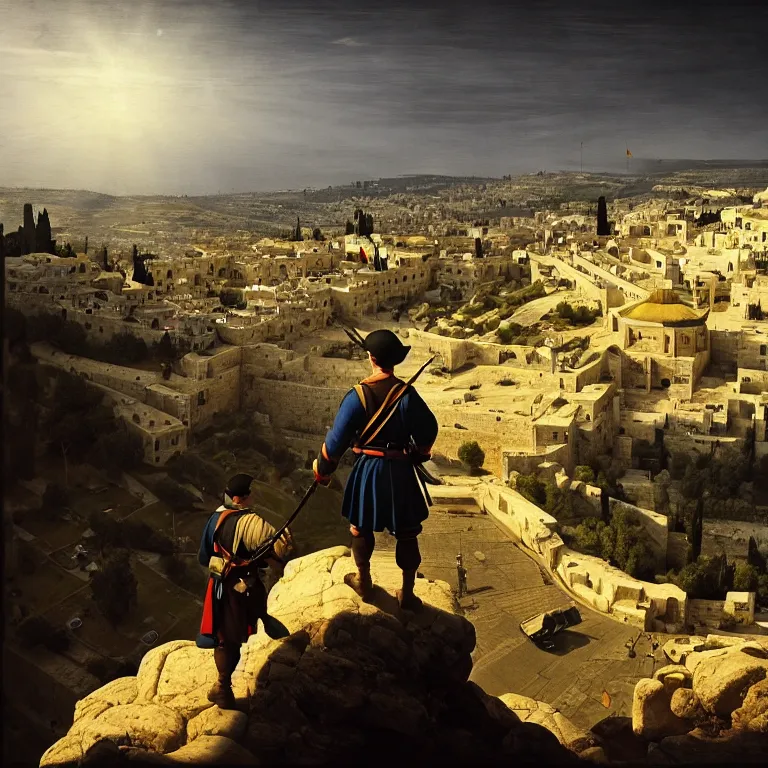 Prompt: a soldier watching a battle from the top of a hill in Jerusalem, dreamy atmosphere, symmetrical baroque painting, perfect composition, beautiful detailed intricate octane highly detailed trending on Artstation, 8K fine art photography, photorealistic, perfect light soft natural volumetric cinematographic, chiaroscuro, award-winning photography, masterpiece, Raphael, Caravaggio, Greg Rutkowski, Beeple