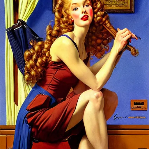 Image similar to beautiful painting of jerma985 with long curly blond hair, pinup poster by J.C Leyendecker and Norman Rockwell