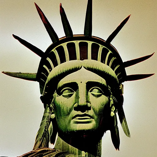 Prompt: the statue of liberty as a native indian with headdress, coper cladding