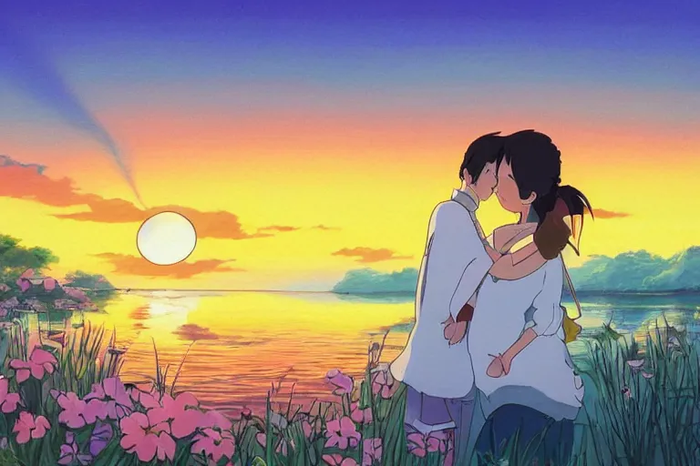 Prompt: a bright cute studio ghibli painting of an anime duck hugging a woman, beautiful sunset over the water, in the style of studio ghibli, highly detailed, 4K, smooth, trending on artstation, japanese, sumi-e
