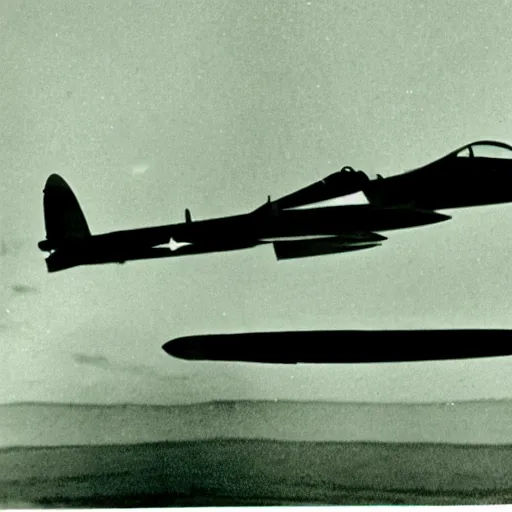 Image similar to a strangely circular bird flying in the night sky, footage from a 6 0 s fighter plane, black and white, grainy footage