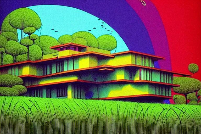 Image similar to surreal glimpse into other universe, house by frank lloyd wright, summer morning, very coherent and colorful high contrast, art by!!!! gediminas pranckevicius!!!!, geof darrow, floralpunk screen printing woodblock, dark shadows, hard lighting, stipple brush technique,