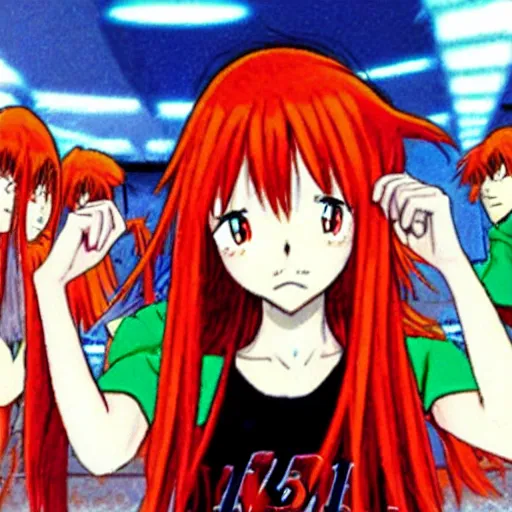 Image similar to asuka langley seething at a birthday party, anime screenshot, yoshiyuki sadamoto