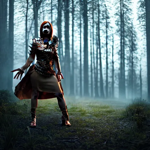 Prompt: highly detailed, ultra realistic, cinematic, woman full body with a copper nose and copper claws, high detail, 8 k, sharp focus, movie still, dramatic lighting, ray tracing, smooth, a female evil demonic character of kazakh mythology, jeztyrnak, standing in the night forrest