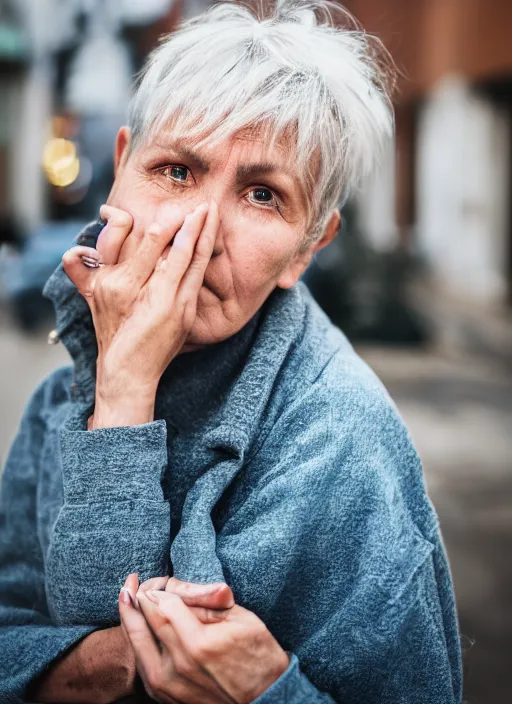 Image similar to color medium shot portrait of 50-year-old woman from Norway with short hair, looking tired, candid street portrait in the style of Rehahn award winning, Sony a7R