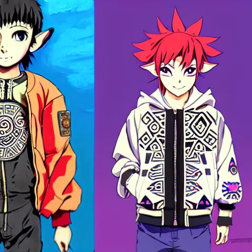 Image similar to majora majora's mask wearing oversized mayan bomber jacket with overalls, bulky poofy bomber jacket with mayan patterns, aztec street fashion, genshin impact art style, gapmoe yandere grimdark, trending on pixiv fanbox, painted by greg rutkowski makoto shinkai takashi takeuchi studio ghibli, akihiko yoshida