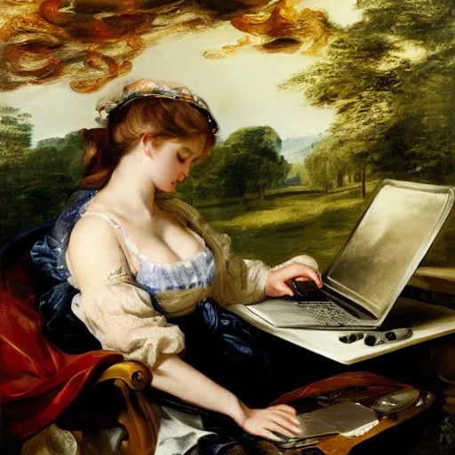 Image similar to heavenly summer sharp land sphere scallop well dressed lady working on her laptop auslese, by peter paul rubens and eugene delacroix and karol bak, hyperrealism, digital illustration, fauvist, looking at her imac laptop