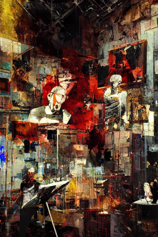 Image similar to a beautiful glitched painting by robert proch of people in front of a painting in a museum gallery, metal rust and plaster materials, pixel sorting, color bleeding, brushstrokes by jeremy mann, still life, dark colors