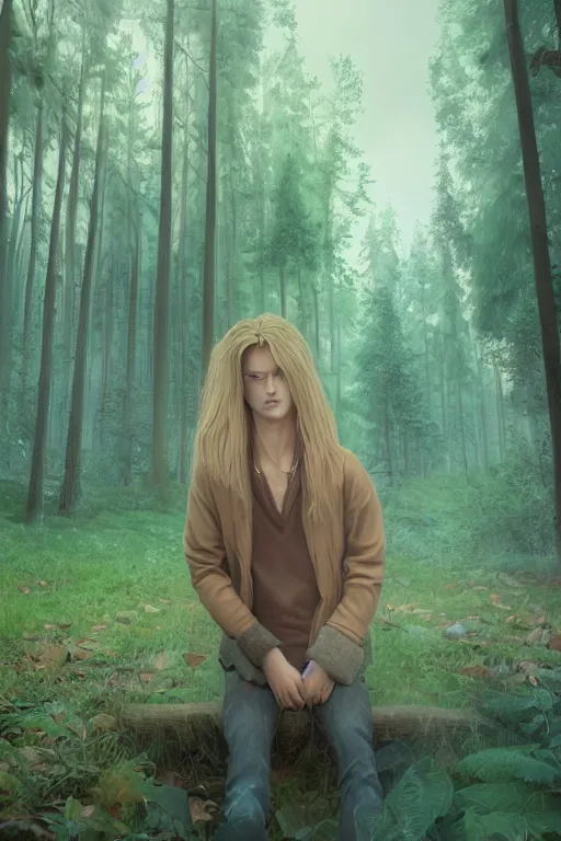 Image similar to pretty young man with long golden blond hair, symmetrical face, demure, slender, lost, trees, detailed forest background, webtoon, breathtaking scenery, colourful, 8 k, graphic novel, digital art trending on artstation, volumetric lighting, octane render, cinematic, hyper detailed, magical atmosphere, magical forest