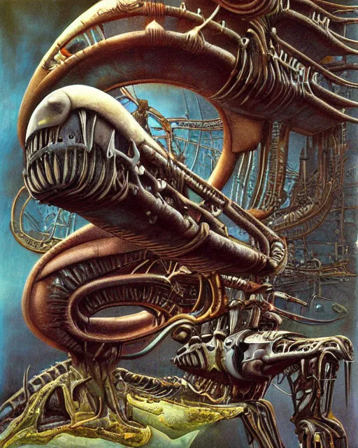 Image similar to artwork by hr giger, by roger dean, by julie bell, biomechanical, 4 k, hyper detailed