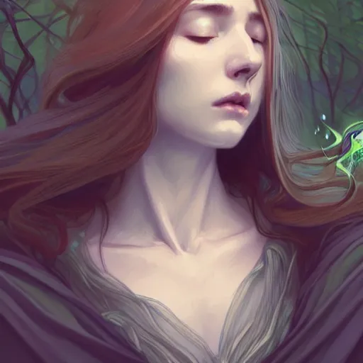 Image similar to wide angle, cloaked woman, white green brown blue color palette, eyes closed, forest, female, d & d, fantasy, intricate, elegant, highly detailed, long red hair, digital painting, artstation, octane render, concept art, matte, sharp focus, illustration, hearthstone, art by artgerm, alphonse mucha johannes voss