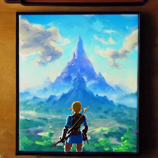 Image similar to oil painting of zelda breath of the wild, mountain in the background. beautiful, rpg, dnd, artgerm, disney, pixar