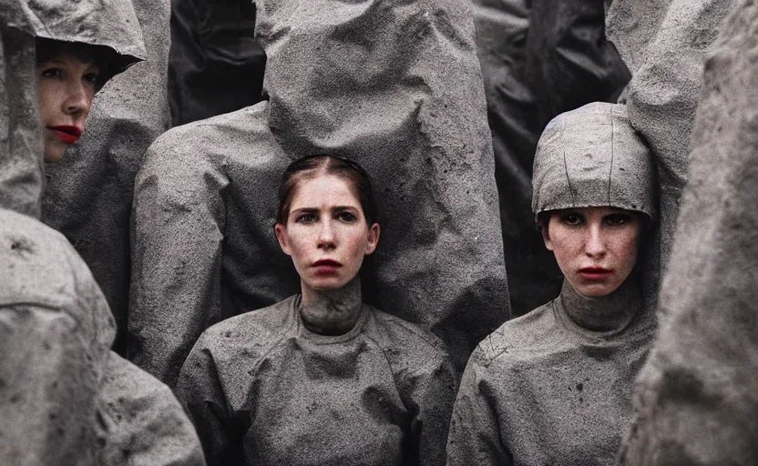 Image similar to cinestill 5 0 d photographic portrait by helen levitt of a group of android women wearing rugged black mesh techwear in a foggy cement maze, extreme closeup, modern cyberpunk, dust storm, 8 k, hd, high resolution, 3 5 mm, f / 3 2, ultra realistic faces, intricate detail, ex machina