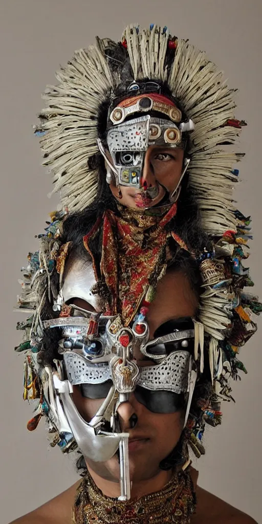 Prompt: a beautiful cyborg made of indian ceremonial maske